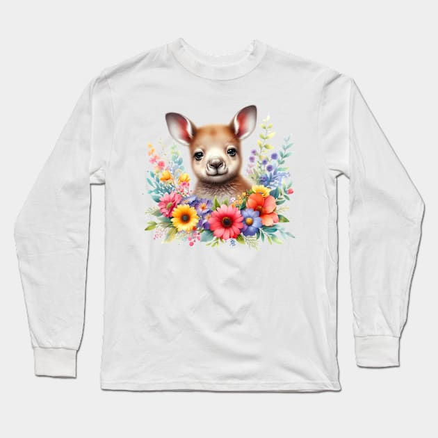 A baby kangaroo decorated with beautiful colorful flowers. Long Sleeve T-Shirt by CreativeSparkzz